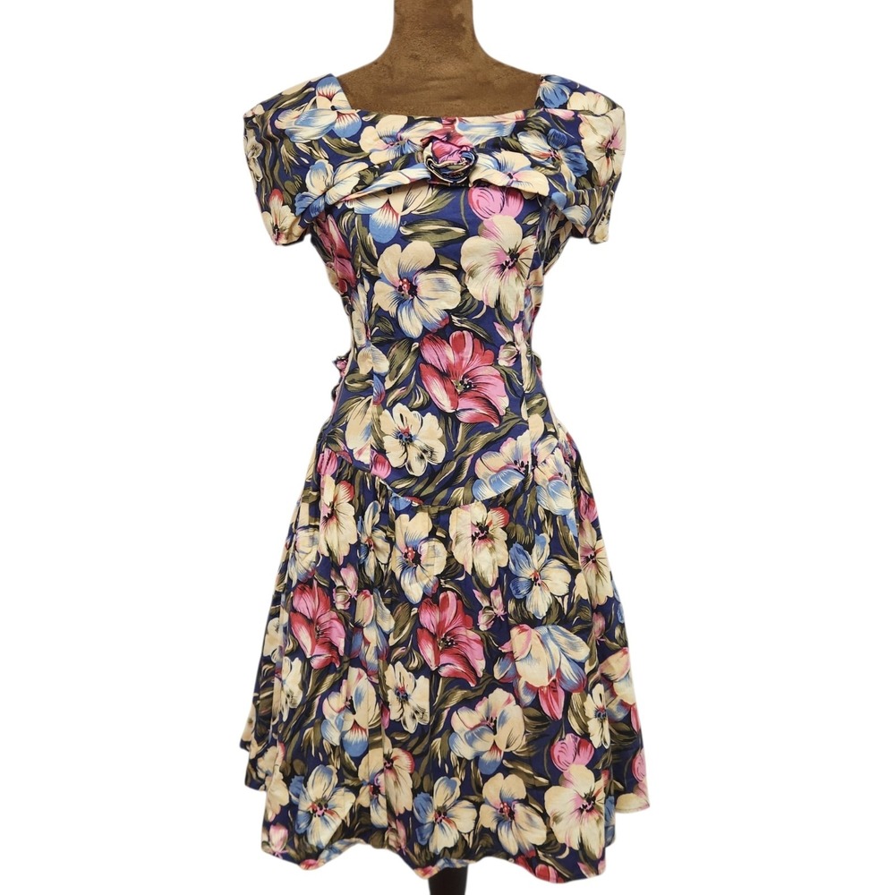 Joni Blair Vintage 90s Floral Dress Drop Waist Tulle Lined Size 9 Cotton Cottage
